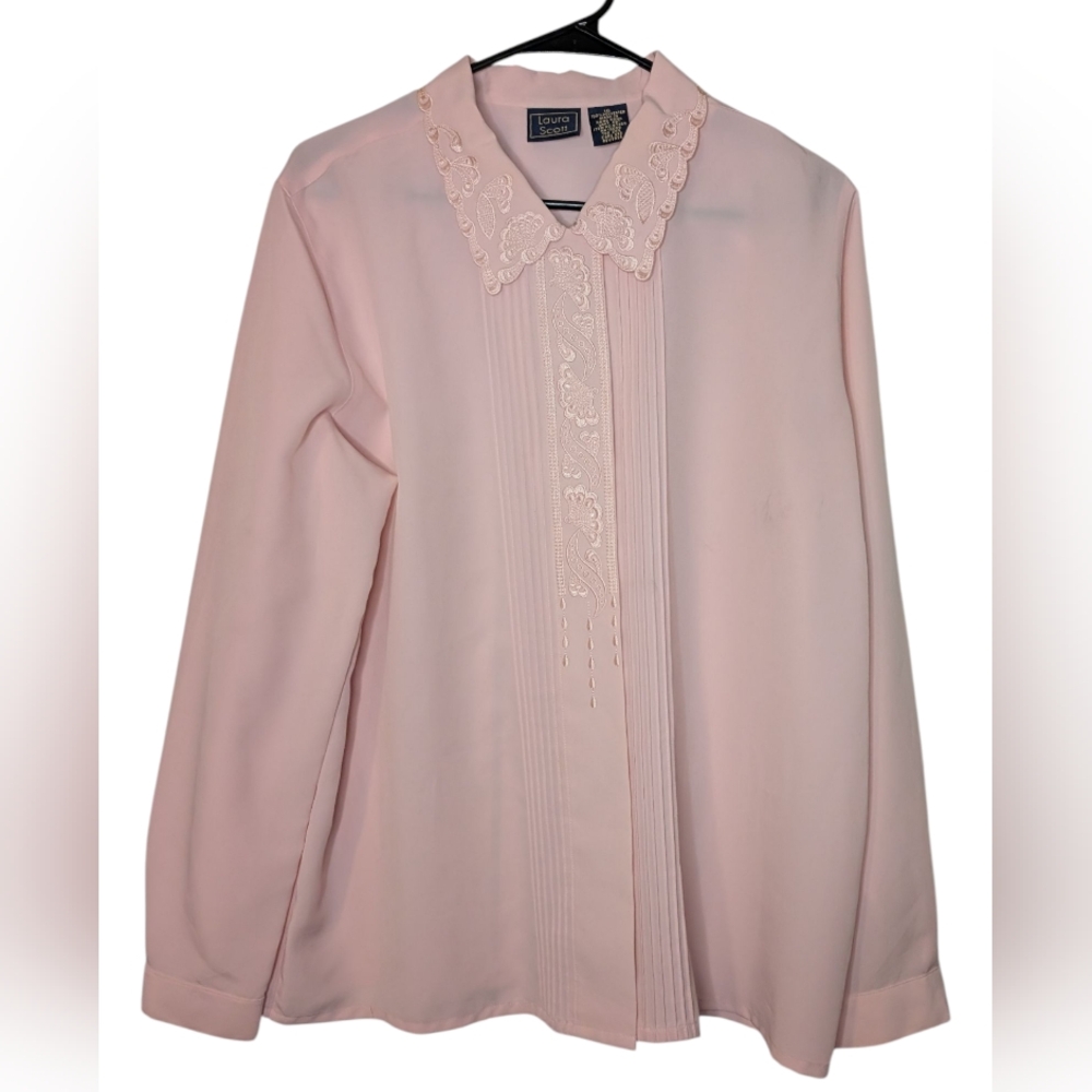 Vintage Laura Scott Womens Pink Button Up Embroidered Polyester Blouse, Size 16
